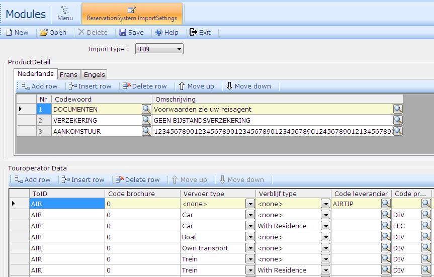 SwingTravel-Verkoop ReservationSystem Initialisatie Importsettings Deze omzettingstabellen worden altijd opgeladen bij de initialisatie van een nieuwe firma voor BTN en SwingLine.