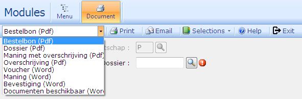 SwingTravel-Verkoop Dossier Document Met deze module kan u verscheidene documenten die gelinkt worden aan een specifiek dossier printen.