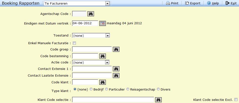 Te factureren Geeft een overzicht van de dossiers die te factureren zijn Eindigen met Datum vertrek en Toestand zijn hier de aangewezen parametervelden Via en kan je gekende codes selecteren, via