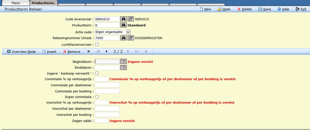 SwingCount Leveranciers Product term Beheer Er bestaat altijd een product term met code leverancier 0 en product term 0.