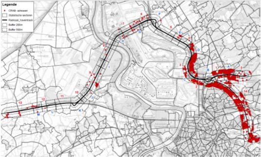 Hierbij worden meer bepaald bevolkingsdichtheid, aantal en aantal betrokken adrespunten in beeld gebracht ten opzichte van het ganse tracé.