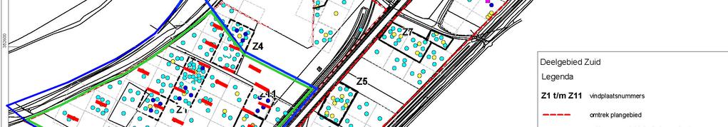 Afbeelding 5 Proefsleuvenkaart van het centrale en noordelijke deel van het plangebied (blauw omkaderd), geprojecteerd op de