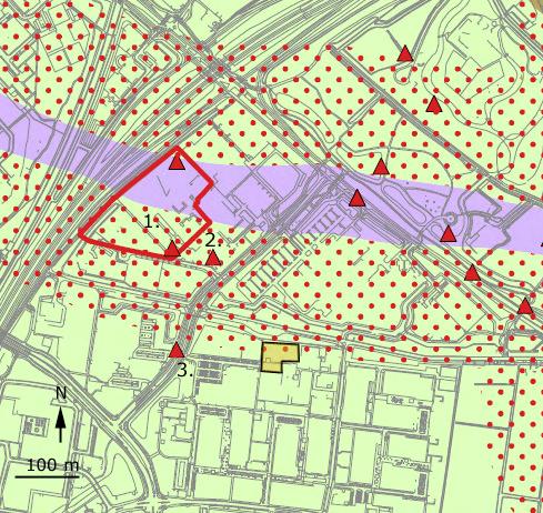 Kinderdagcentrum De Sitterstraat, tussen nrs 3 en 9. Dordrecht Ondergronds 84 Afb. 4. Het onderzoeksgebied weergegeven op de archeologische verwachtingskaart van de gemeente Dordrecht (oranje).