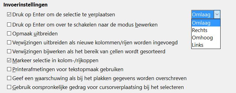 De effecten van de Enter-toets aanpassen U kunt de richting waarin de Enter-toets de focus verplaatst aanpassen door naar Extra > Opties > LibreOffice Calc > Algemeen te gaan.