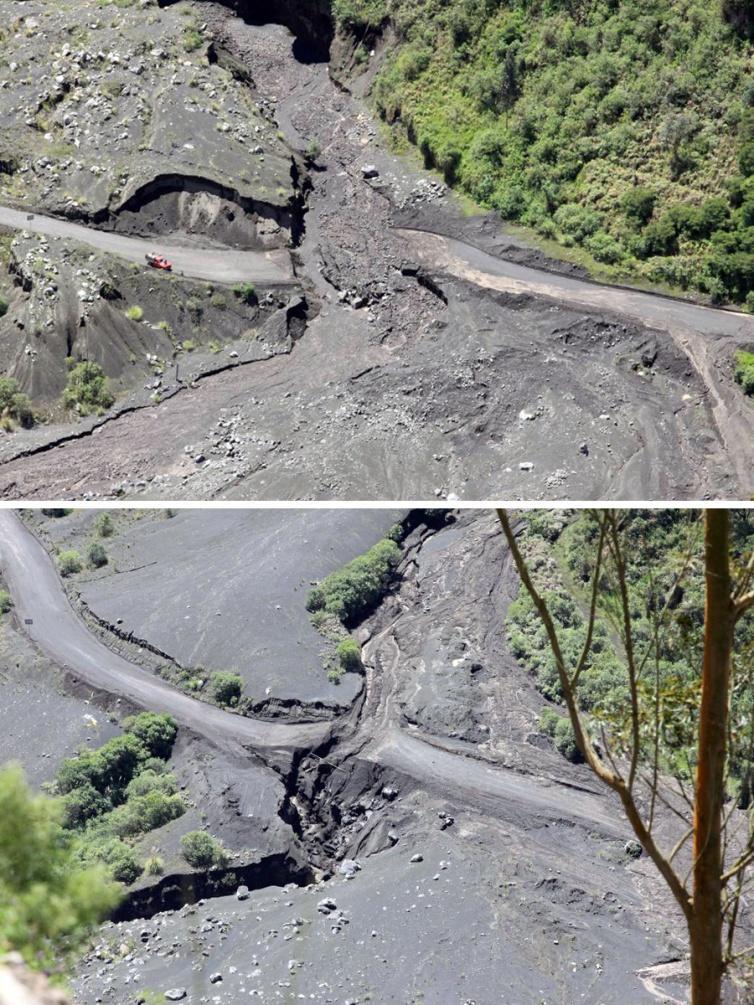 12 Figuur 11. Schade aan wegen door lahars vanaf de hellingen van de Tungurahua veroorzaakt door regenval.