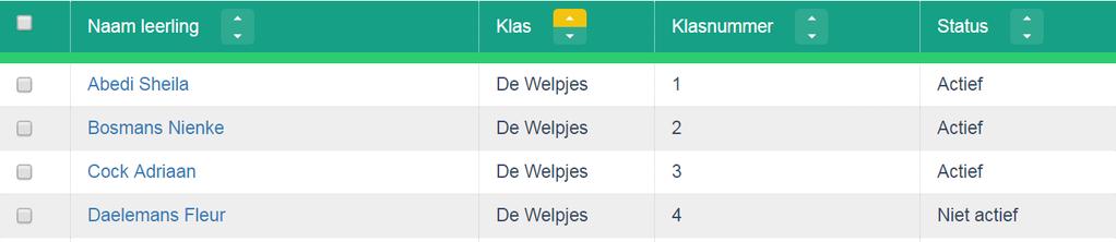 B De gegevens van een leerling aanpassen Wil je bestaande gegevens bekijken en/of aanpassen? Zoek de leerling in de lijst. Om snel en handig te zoeken gebruik je de filter- en/of sorteerknop.