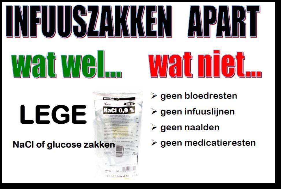 Daarnaast moesten de infuuszakken schoon zijn, dat wil zeggen: geen bloedresten geen infuuslijnen; geen naalden; geen medicatie in de