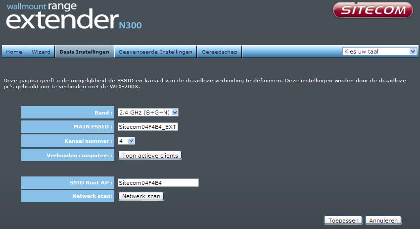 Het veld MAIN ESSID toont de huidige netwerknaam van je range extender. Je kunt deze naar eigen smaak veranderen. De SSID Root AP toont het netwerk waarmee je range extender verbonden is.