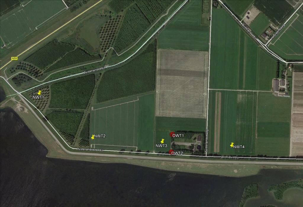 6/35 Figuur 1 Locaties van de 2 te verwijderen windturbines OWT1 en OWT2, gelegen in het nieuwe windpark Suyderlandt [Google Earth].