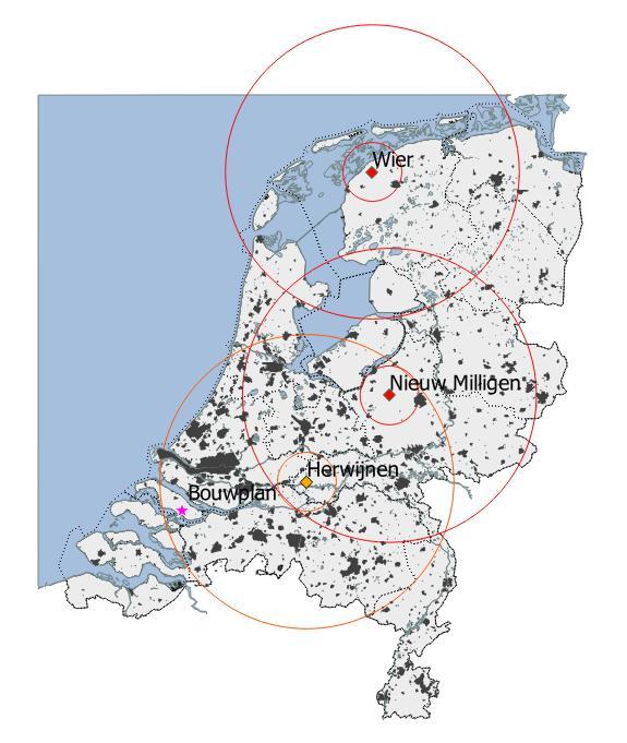 9/35 Figuur 4. Locaties van de twee MPR gevechtsleidingsradars (rode ruit) en de nieuwe locatie Herwijnen (oranje ruit) met daaromheen de 15 en 75 km cirkels.