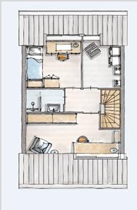 Tweede verdieping Praktisch 6 (tekening V-443d) - extra slaapkamer en onbenoemde ruimte aan de voorzijde, deze ruimte voldoet niet aan de vrije hoogte die nodig is voor een verblijfsruimte - brede