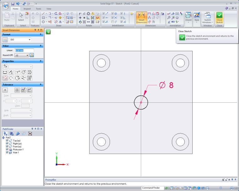 9. Klik op de functie Circle by Centre Point.. Klik op het midden van de X-as. Let op het icoon.. Klik om de cirkel neer te zetten. 0 +. Kies de functie Smart Dimension.