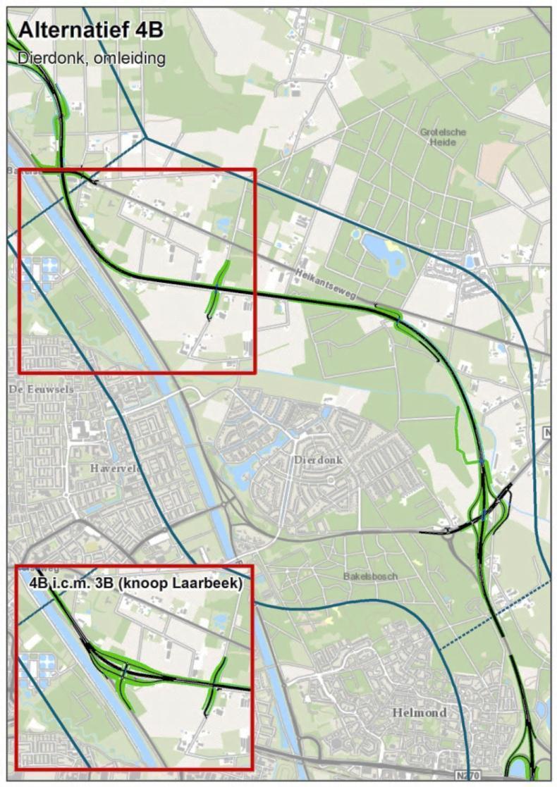 Omleiding om Dieronk, waarbij het tracé vanaf de aansluiting/knoop Laarbeek richting het bestaande tracé van de N279 buigt.