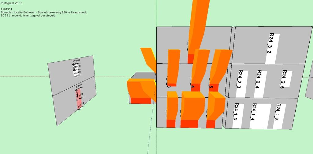 4.14 Modellering woning kavel 25 De woning op kavel 25 is in zijn geheel één brandcompartiment (hier BC25 genoemd) en bestaat uit drie brandruimten volgens NEN 6068.