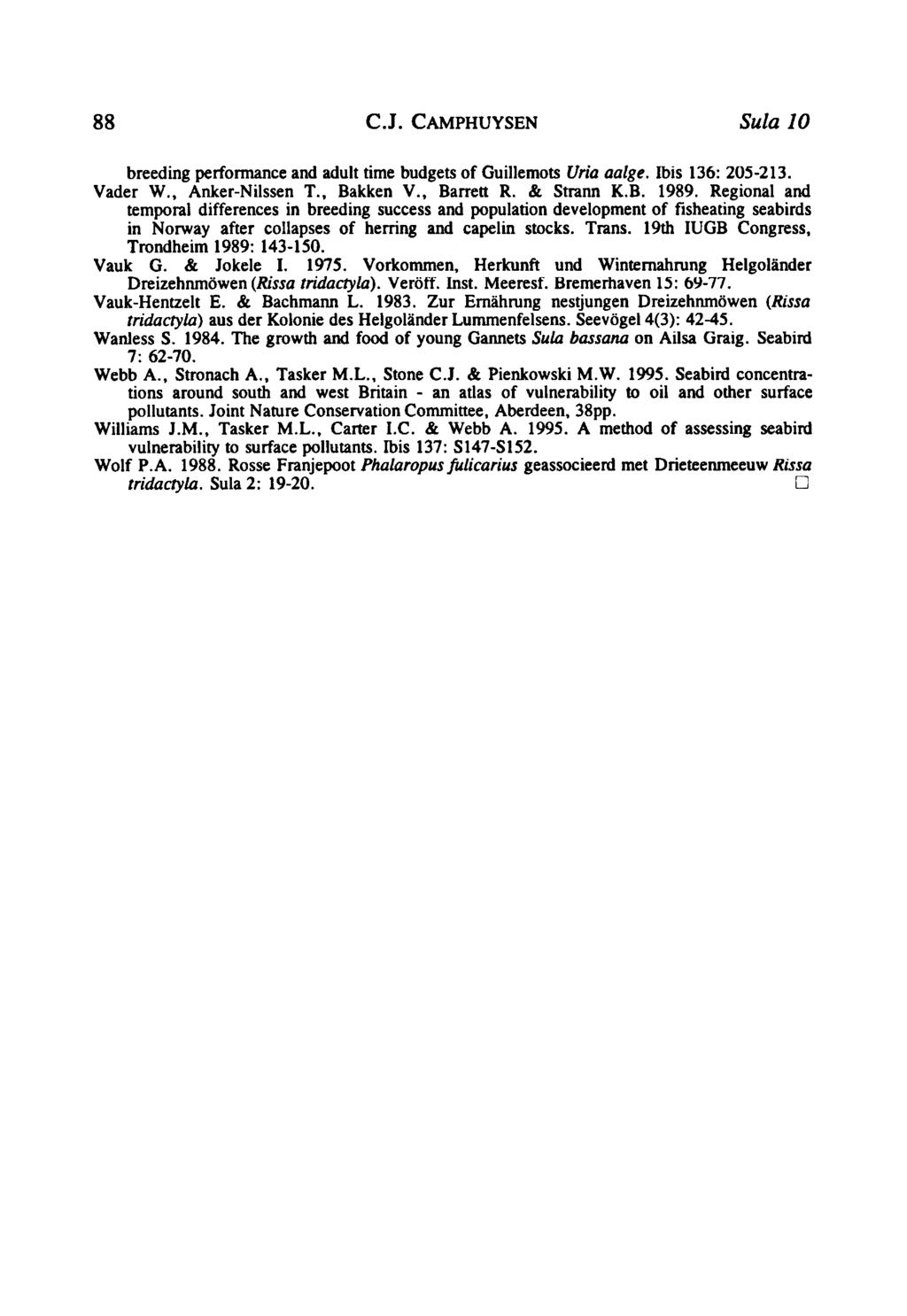 88 C.J. Camphuysen Sula 10 breeding performance and adult time budgets of Guillemots Uria aalge. Ibis 136; 205213. Vader W., AnkerNilssen T., Bakken V., Barrett R. & Strann K.B. 1989.