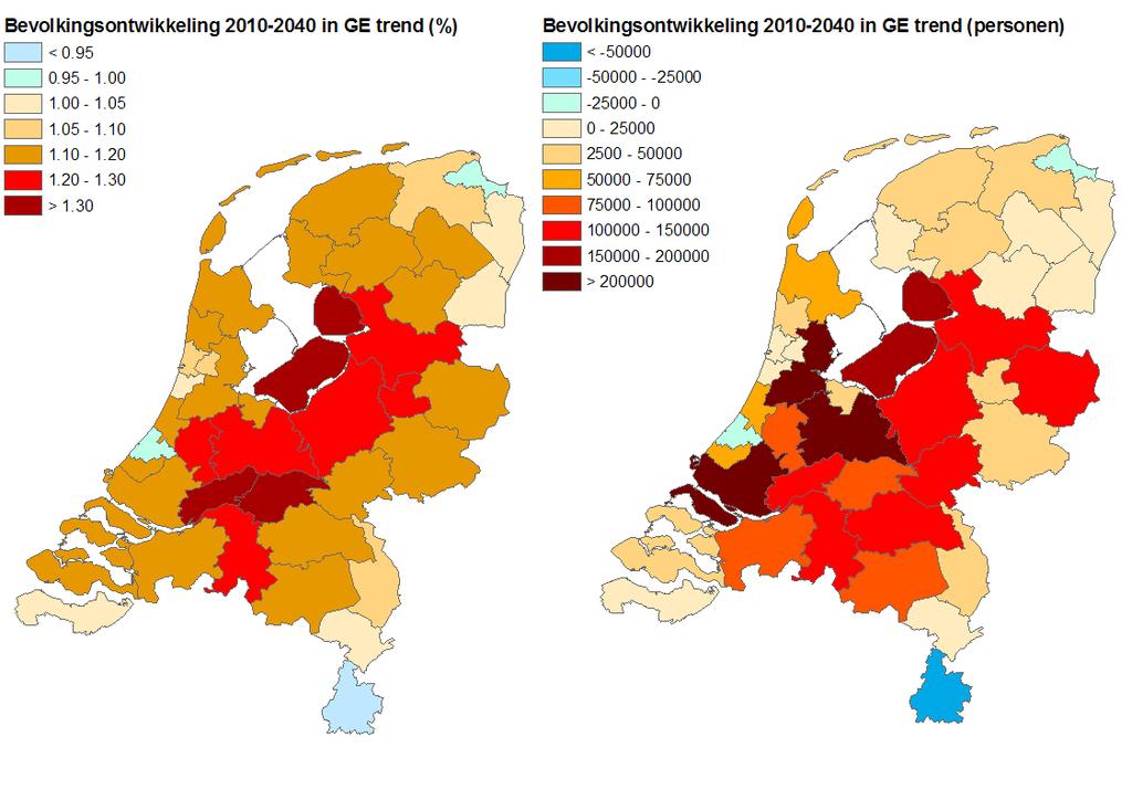 TIGRIS XL Nederland Later Significance, Bureau Louter, Stratelligence In Figuur 2-4 wordt de bevolkingsontwikkeling voor de periode 2010-2040 op COROPniveau weergeven als een index waarde en als