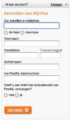 Stap 1: Maak uw account aan Ga naar postnl.nl/mijnpost en klik op Maak een account aan. Vul uw zakelijke e-mailadres in, uw naam en het PostNL-klantnummer van uw bedrijf.