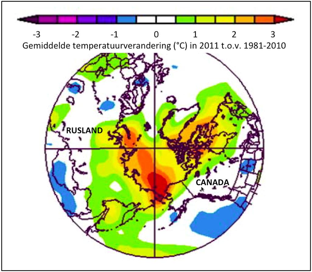 Geef aan: - tussen welke twee breedtegraden en twee lengtegraden het gebied ligt met de grootste toename van de temperatuur.