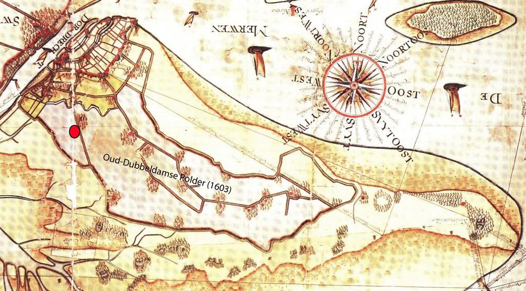Afb. 6. Het onderzoeksgebied bij benadering weergegeven op een uitsnede van een kaart van S. Jansz en D. Schellincx uit 1611 (rood).