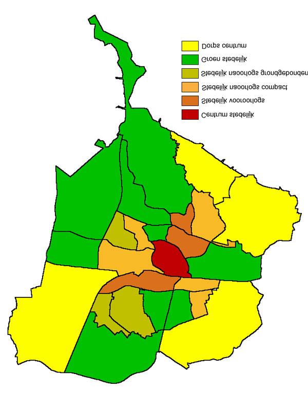 FIGUUR 2.3 WONINGMARKTANALYSE BREDA 2001 BRON: EIGEN BEWERKING ABF, 2001 Het kaartbeeld voor Breda laat zien dat er slechts twee woonmilieus meer onderscheiden worden, van vier naar zes (figuur 2.