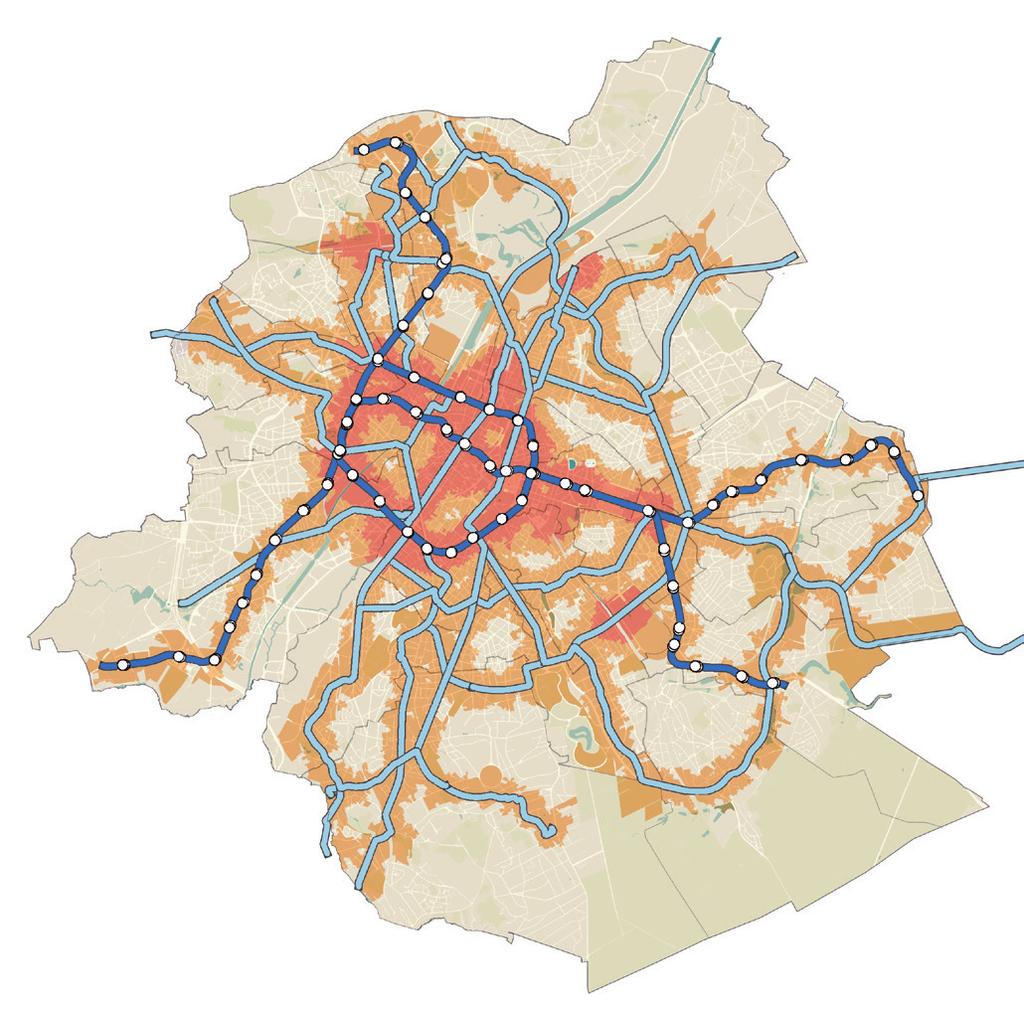 Bedrijfsvervoerplannen in het Brussels Hoofdstedelijk Gewest Balans van de situatie in 2014 Figr 18: Bereikbaarheid met het openbaar vervoer en grootte van de bedrijven Metrolijnen Premetro- en