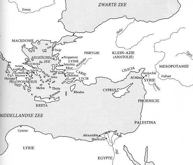 Opdracht 42 GRIEKENLAND (kaart De kinderen tekenen de kaart van het antieke Griekenland met daarop: Streken: eilanden steden Troje zeeën: Macedonië Attica Phrygië Lydië Peloponnesus Euboia Kreta