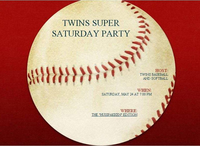 Vrijwilligers kunnen zich rechtstreeks aanmelden via vrijwilligers@parkfeest.nl Super Saturday Party 24 mei Twins honkbal en softbal spelen beide thuis. Om 19.