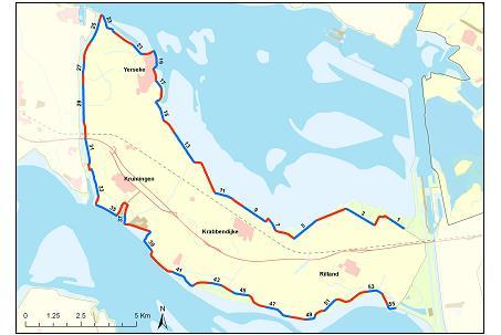 C. Effect onderzoek op de faalkansen voor piping voor dijkring 31 1,E-01 1,E-02 Oosterschelde faalkans piping per vak Kanaal Westerschelde 1,E-03 1,E-04 1,E-05 1,E-06 0 10 20 30 40 50 60 kanaal