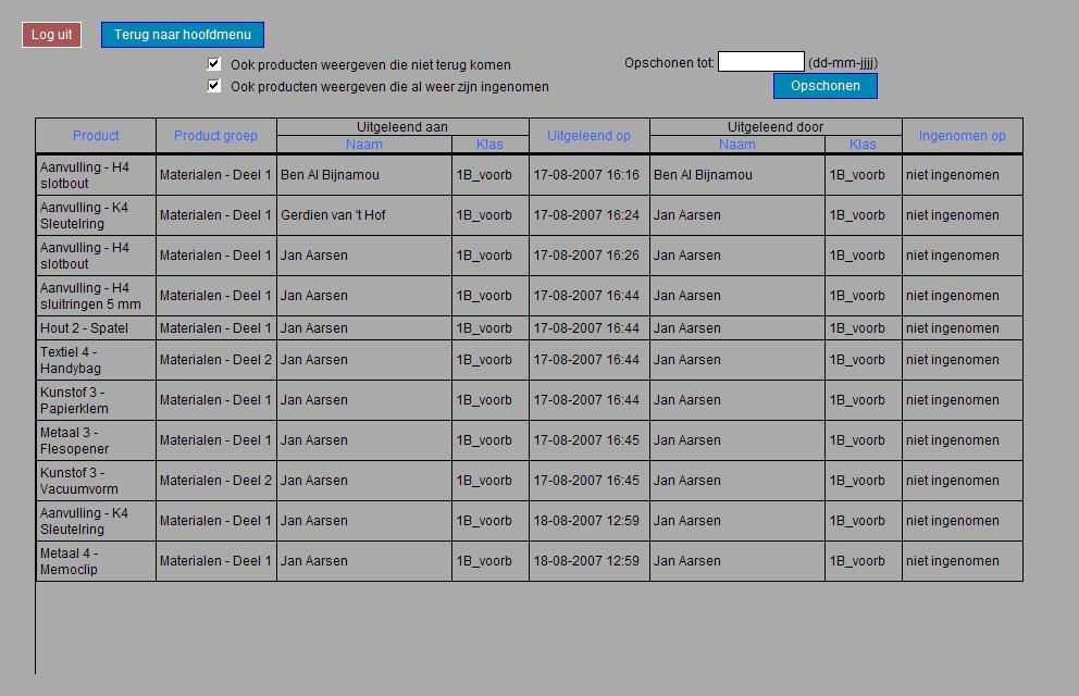 Overzicht uitleningen Kies < Overzicht uitleningen >, het onderstaande scherm verschijnt op het scherm: Hier kunt u zien welke producten uitgeleend zijn.