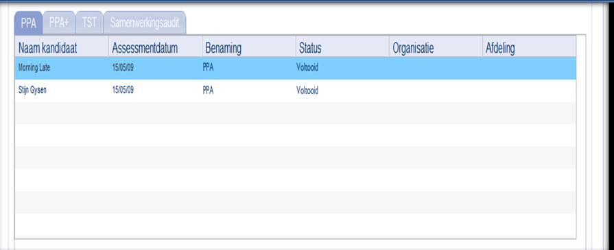 Daarna kan u het gewenste assessment aanklikken (PPA,...), zoals wordt weergegeven in onderstaand scherm.