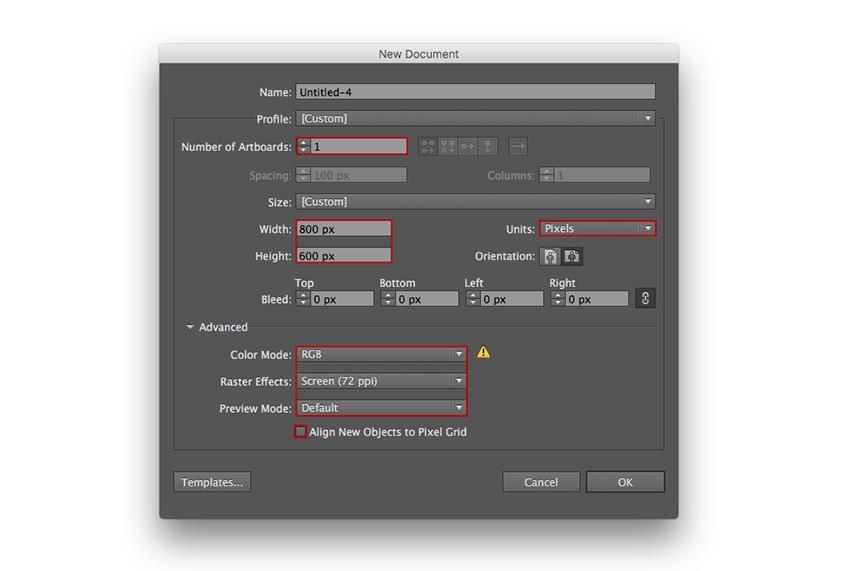 RGB Rasterresolutie: scherm Preview-modus: standaard nieuwe objecten uitlijnen naar pixelraster: Uncheck 2.