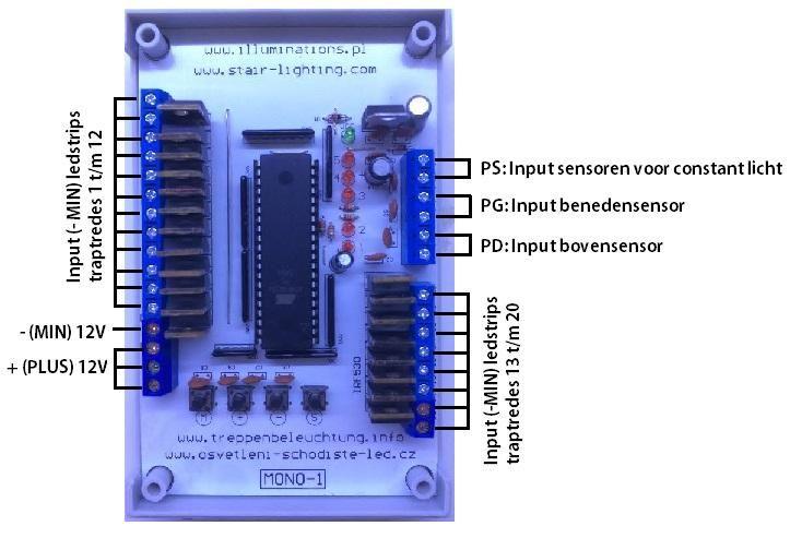 Aansluiten printplaat / controller Aansluiten ledstrips: 1.