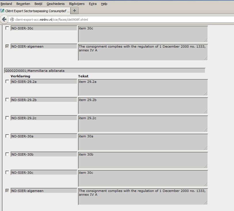 Scroll verder naar beneden en loop alle aangegeven geslachten na en kies voor het juiste itemnummer. Sommige items zijn al bepaald door CLIENT Export en staan aangevinkt.