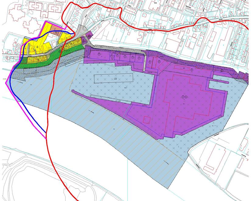 Figuur B: Plangebied 't Plaatje met verruimde geluidzone In figuur B wordt met de rode lijn de bestaande geluidzonegrens aangeduid; hierin zijn recente aanpassingen aan de noordzijde voortkomend uit