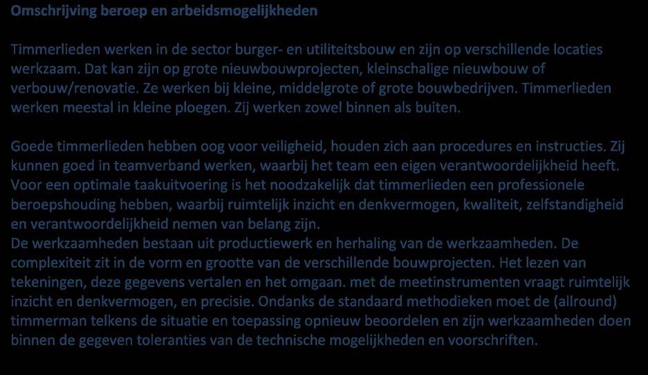 2.3 De opleiding 2.3.1 Het beroep Omschrijving beroep en arbeidsmogelijkheden Timmerlieden werken in de sector burger- en utiliteitsbouw en zijn op verschillende locaties werkzaam.