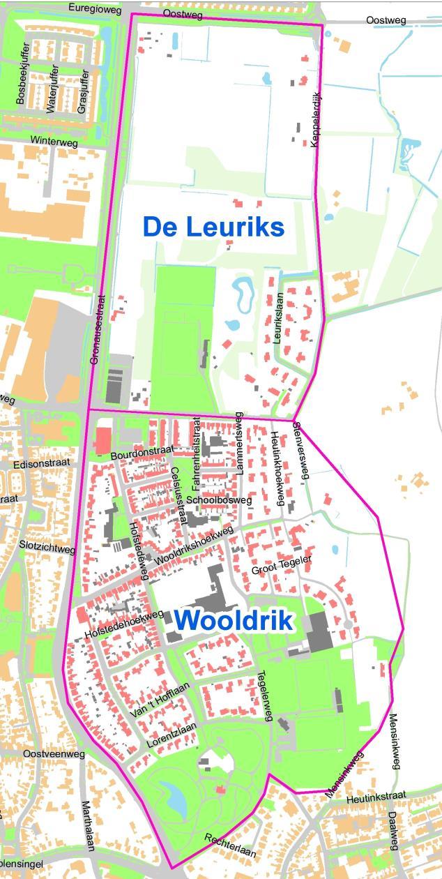 1. Inleiding De buurt Wooldrik, Leuriks-Oost is gelegen in Stadsdeel Oost. Figuur 1 laat zien welke straten tot deze buurt behoren. Figuur 1 Wooldrik, Leuriks-Oost.