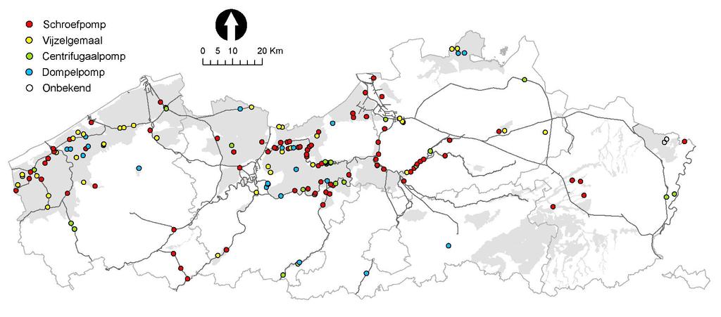 Figuur 4. Overzicht van de pompgemalen in Vlaanderen. Zie Bijlage 2 voor een meer gedetailleerd overzicht per provincie. De grijze zones zijn de polders en wateringen. 2.2.1.