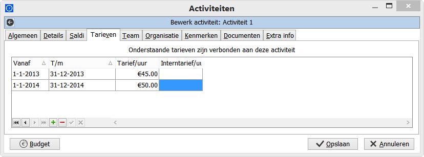 2.1.4. Tabblad Tarieven U kunt een intern- en extern tarief invullen, met eventueel een geldigheidsperiode, indien er op het tabblad Details (zie paragraaf 2.1.2 Tabblad Details ) bij de optie Tarieven gekozen is voor totaal.