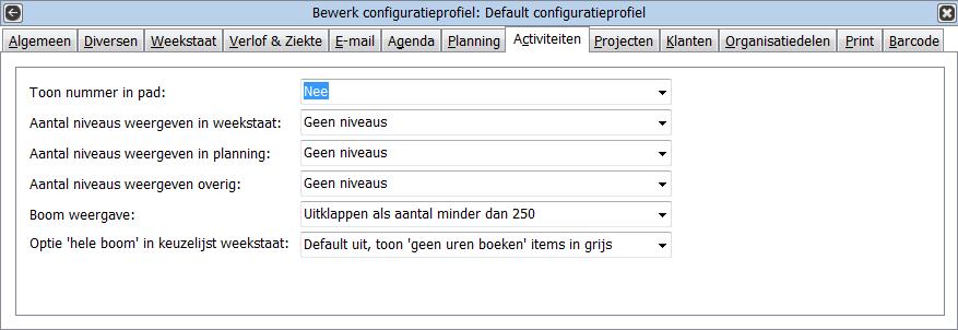 3.2.9. Tabblad Activiteiten Bij Toon nummers in pad kunt u aangeven of altijd het nummer moet worden weergegeven voor de naam van de activiteit.