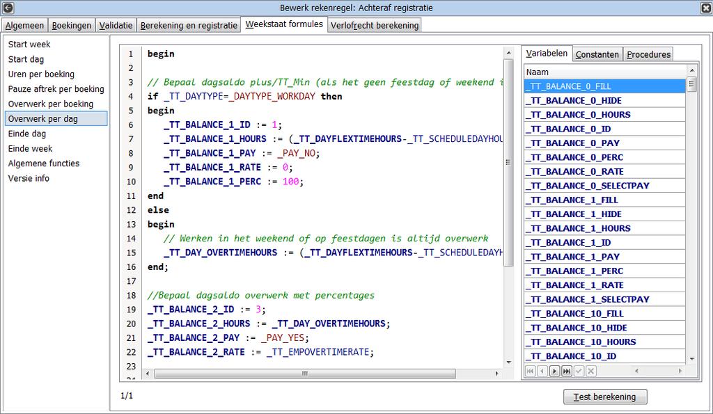 3.4.2.5. Tabblad Weekstaat formules Hier kunt u formules definiëren die worden gebruikt voor de berekening van uren, pauzeaftrek en overwerk.
