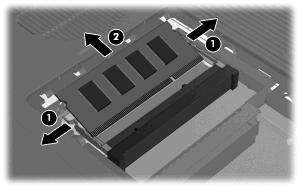 7. Verwijder het klepje van het compartiment van de geheugenmodule (2) van de computer. 8. U verwijdert een geheugenmodule als volgt: a.