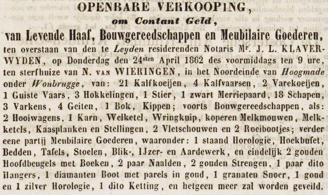 Leydse courant 19-03-1834 Aanvulling op Wyerings Erfgoet, pag. 203 en pag.