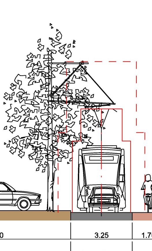 Alternatief WDZ Omdat het vervallen van bomen en parkeerplaatsen een groot nadeel van deze variant is, maar deze variant verder goed scoort, is een alternatief onderzocht waarbij de tram over de