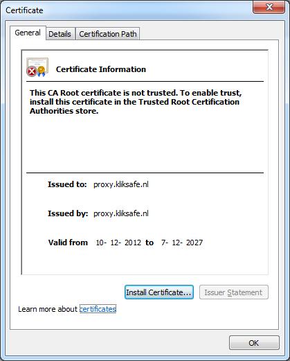 U ziet het volgende scherm: Klik op Install Certificate.