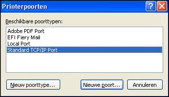 5 Windows XP/Server 2003: selecteer Standard TCP/IP Port in de lijst Beschikbare poorttypen en klik op Nieuwe poort.