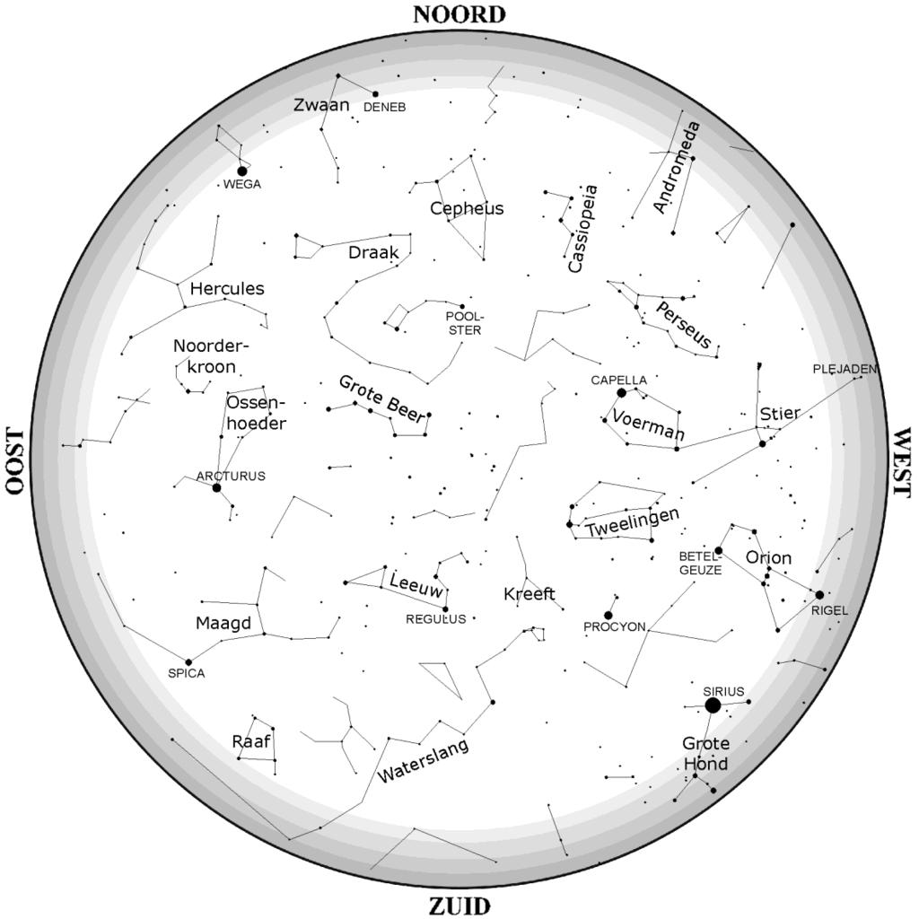 De sterrenhemel in april Jupiter Saturnus Bovenstaande kaart toont de sterrenhemel op 15 april om 22h zomertijd.
