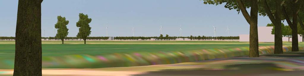 Los van deze turbines is vanuit hier wel een redelijk herkenbare dubbele lijnopstelling te zien. Figuur 5.59, zicht op locatie Pottendijk vanaf Foxel richting het noordwesten.