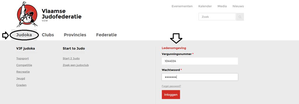 2. Inloggen Via de website van de Vlaamse Judofederatie krijgt u