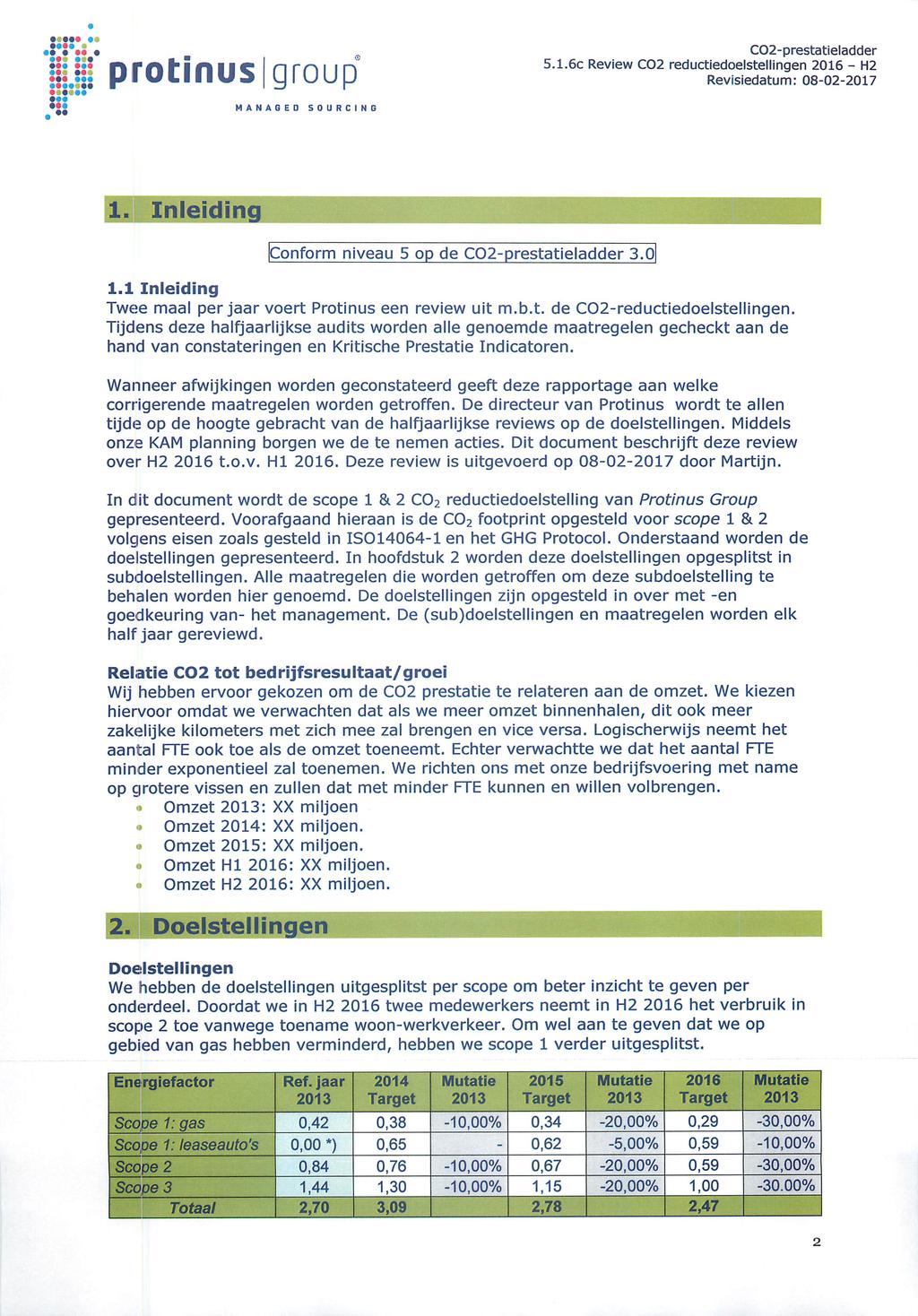 0,62 J > JO J > 1. Inleiding Conform niveau 5 op de CQ2prestatieladder 3.0 1.1 Inleiding Twee maal per jaar voert Protinus een review uit m.b.t. de C02reductiedoelstellingen.