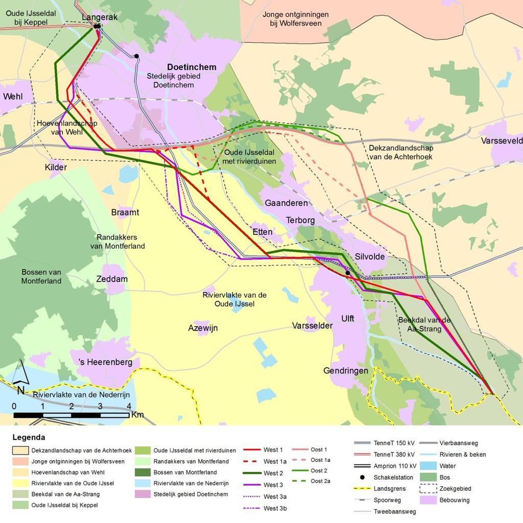 12.3.3 BEÏNVLOEDING GEBIEDSKARAKTERISTIEK Alternatieven West 1 en 2, Oost 1, 2 en 2a, die een matig helder verloop hebben waardoor geen visuele complexe situaties ontstaan, scoren licht negatief (-).